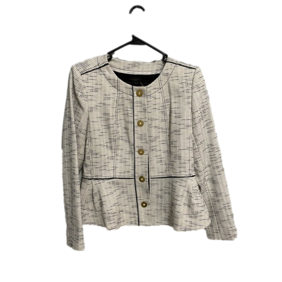 Donna Karan NY Tweed Peplum Blazer Jacket Cream Black Gold Buttons Size 8 - Picture 2 of 13